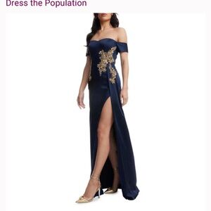 Dress the Population Navy One-Shoulder Evening Gown with Gold Appliqué
